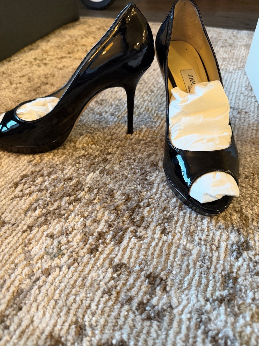 Jimmy Choo Black Patent Peep-Toe Stilettos